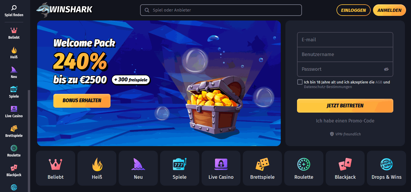 WinShark Casino Startseite
