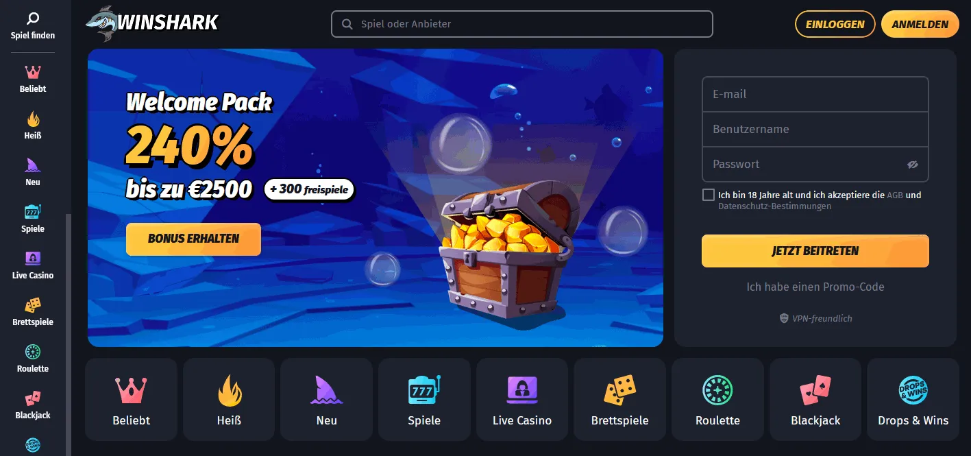 WinShark Casino Startseite