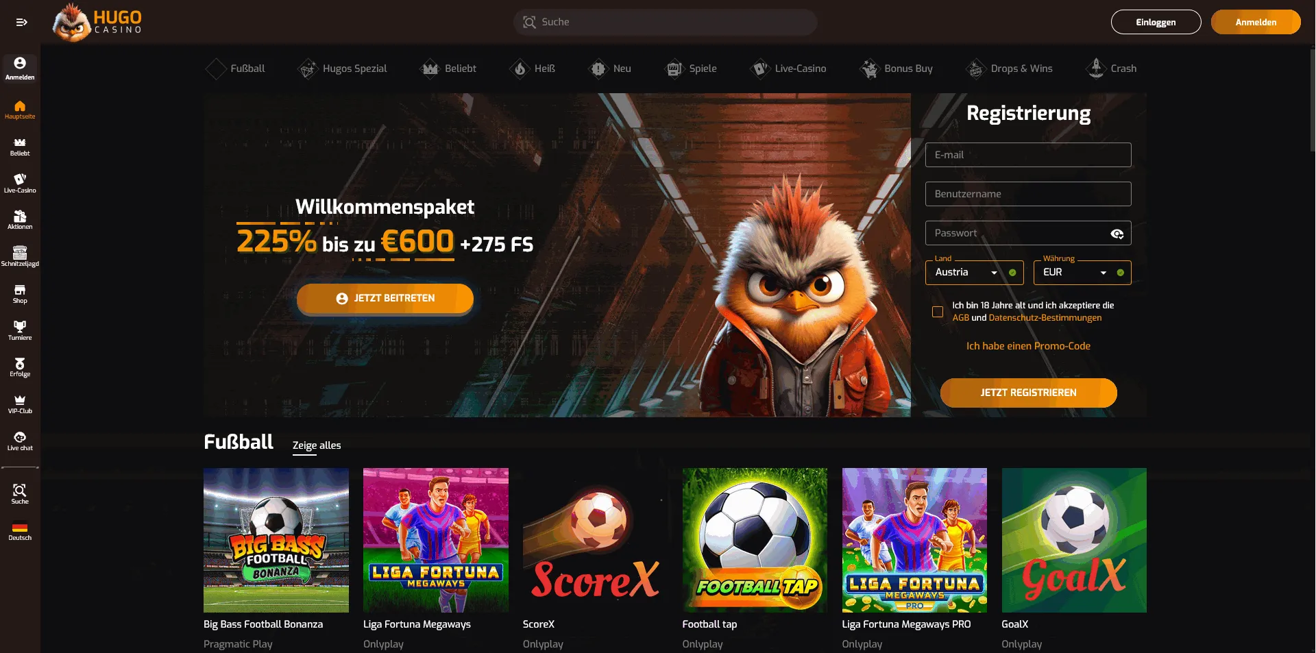 Angebote des Hugo Casinos Startseite des Hugo Online Casinos