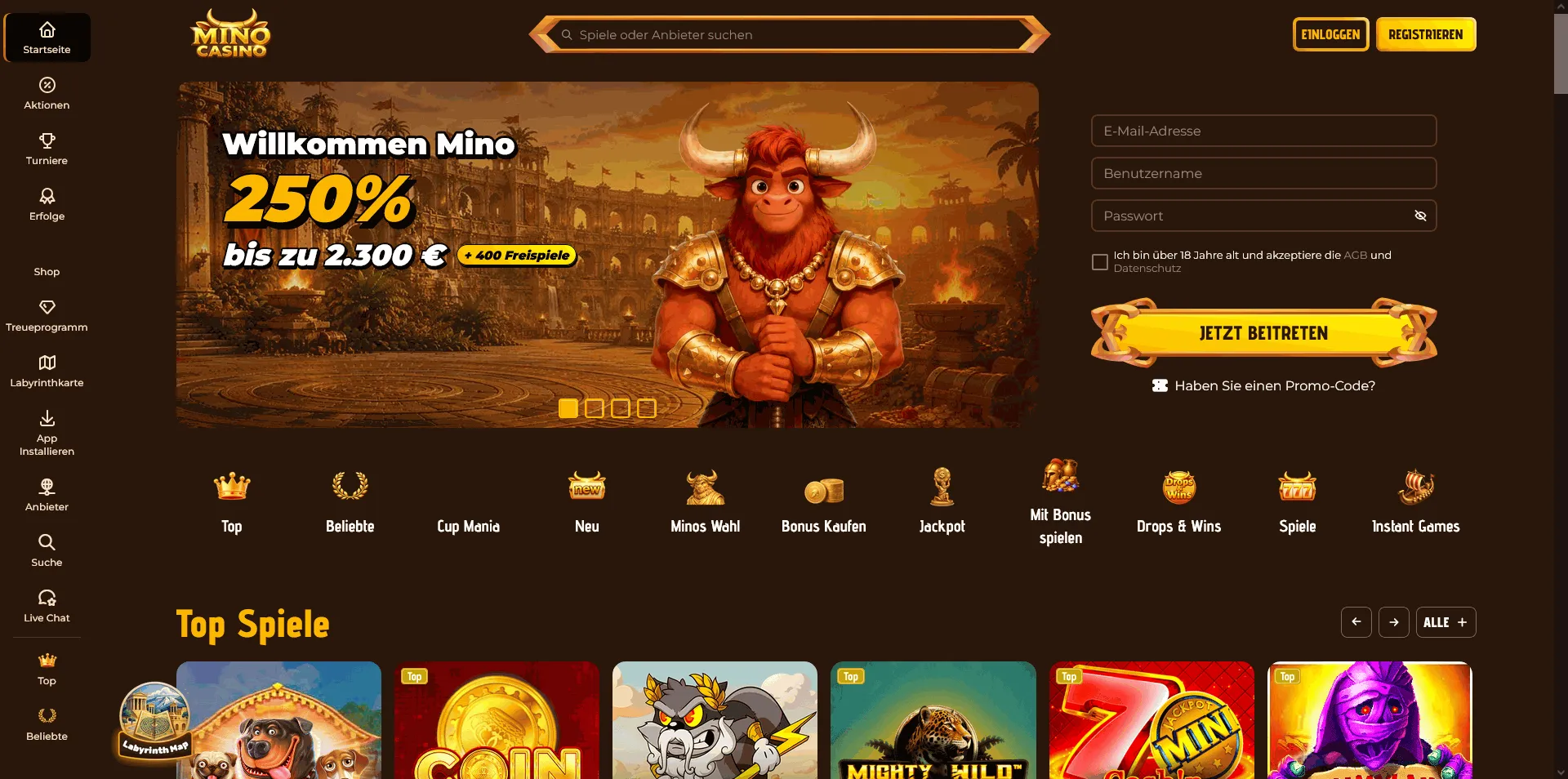 Angebote des Mino Casinos Startseite des Mino Online Casinos
