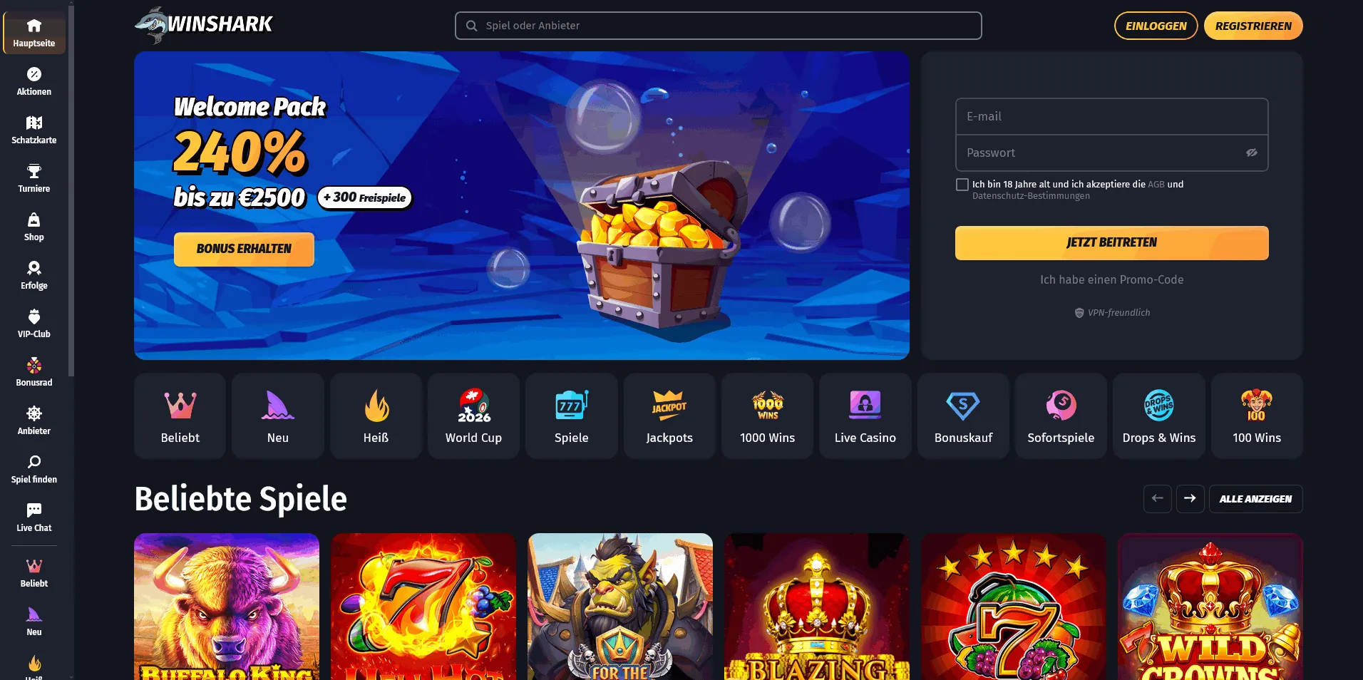 Angebote des Winshark Casinos Startseite des Winshark Online Casinos